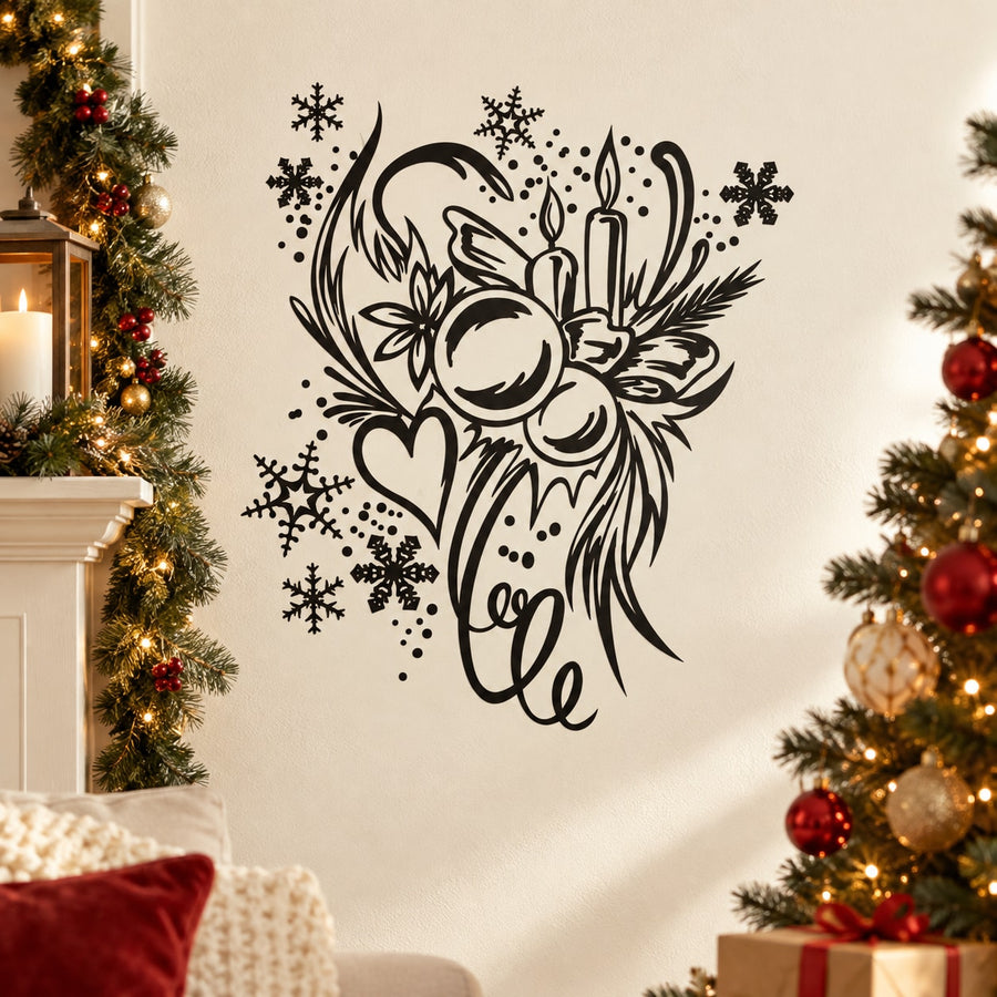 Christmas heart and ornament decal with intricate black line artwork