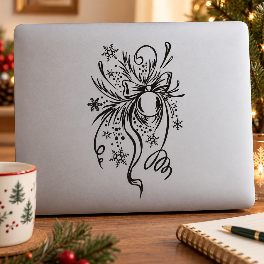 Christmas ornament decal with black line-art angel and snowflakes on white sheet