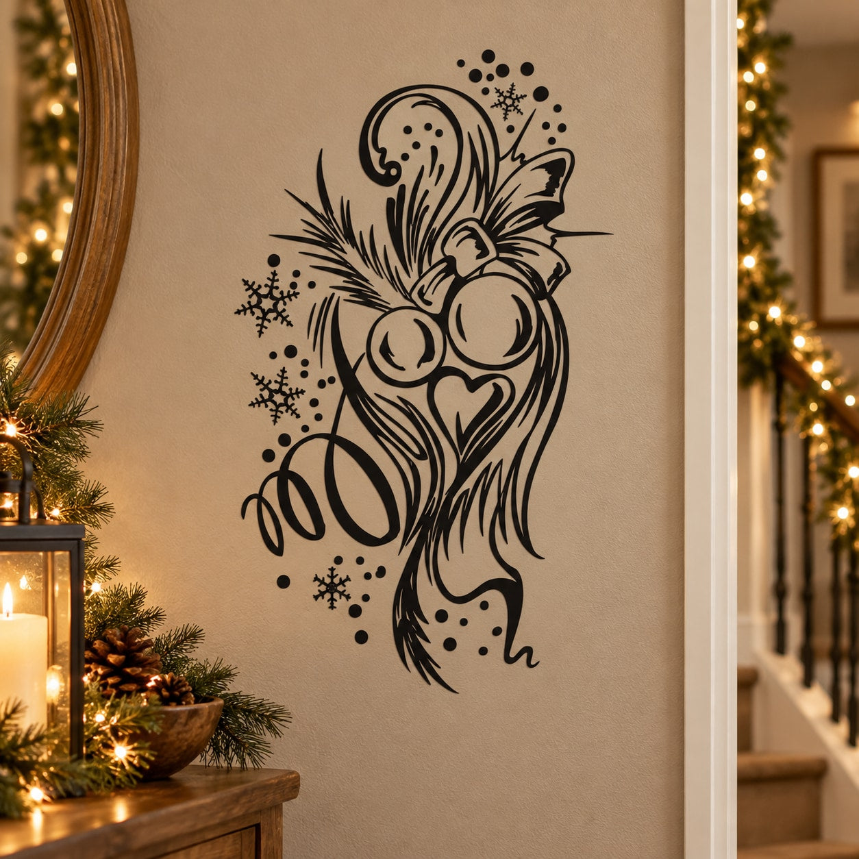 Black line-art angel Christmas ornament decal with heart and snowflake details