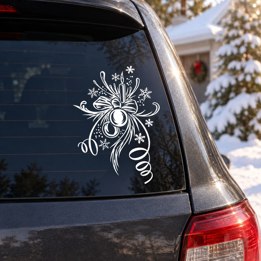 White Christmas ornament decal with snowflake swirl design on car glass