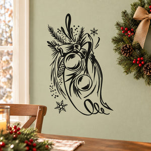 Black jolly ornament wall decal with decorative bell, snowflakes, and ornate outline