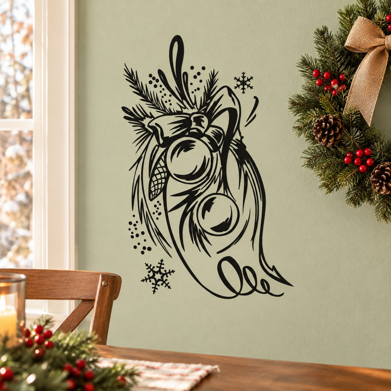 Black jolly ornament wall decal with decorative bell, snowflakes, and ornate outline