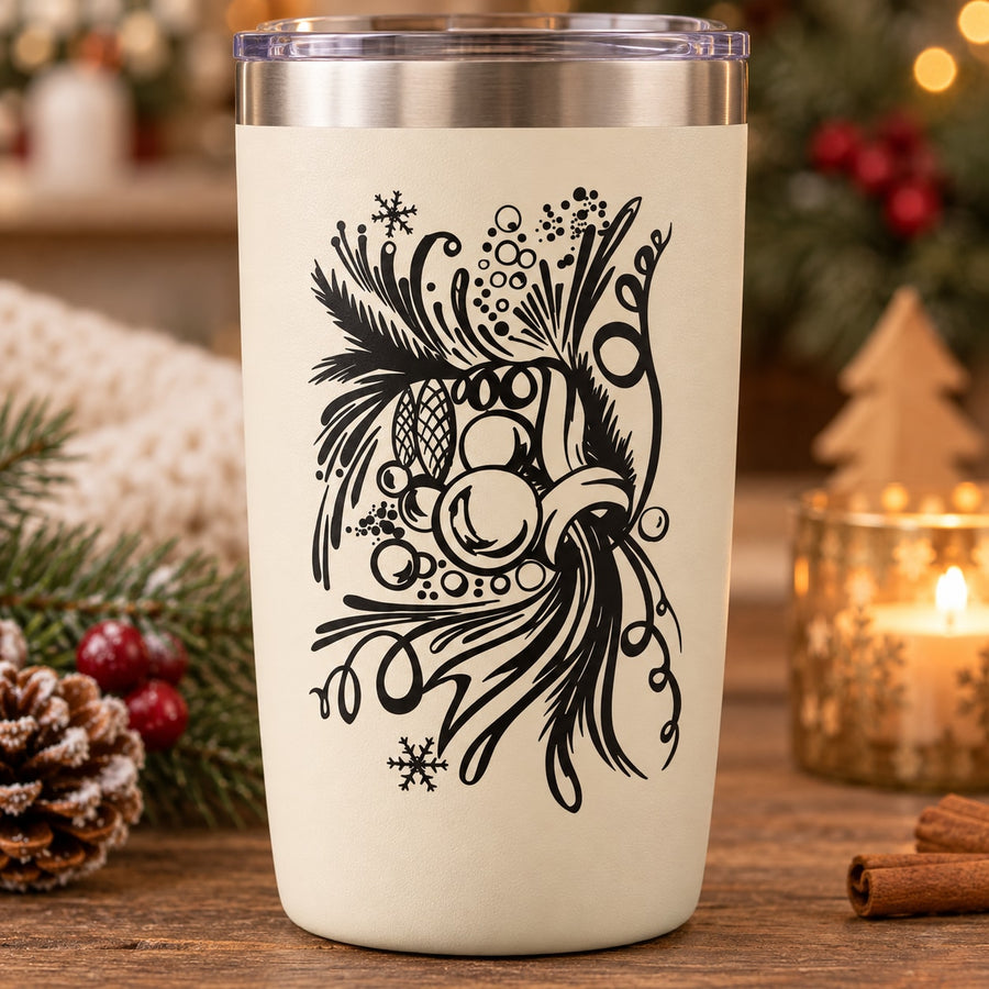 White tumbler with black Christmas ornament decal featuring snowflakes and swirling foliage