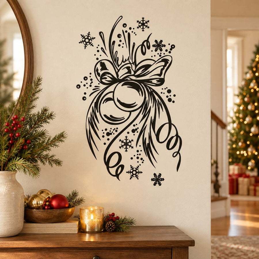 Black snowflake ornament decal with ribbon bow and swirling lines, wall decoration