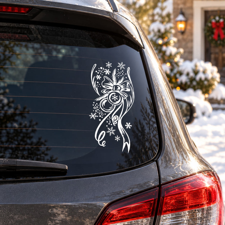 White winter reindeer ornament decal with snowflakes on dark car window