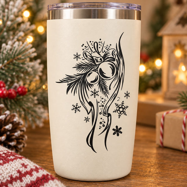 White tumbler with black angel decal and snowflake pattern, clear lid