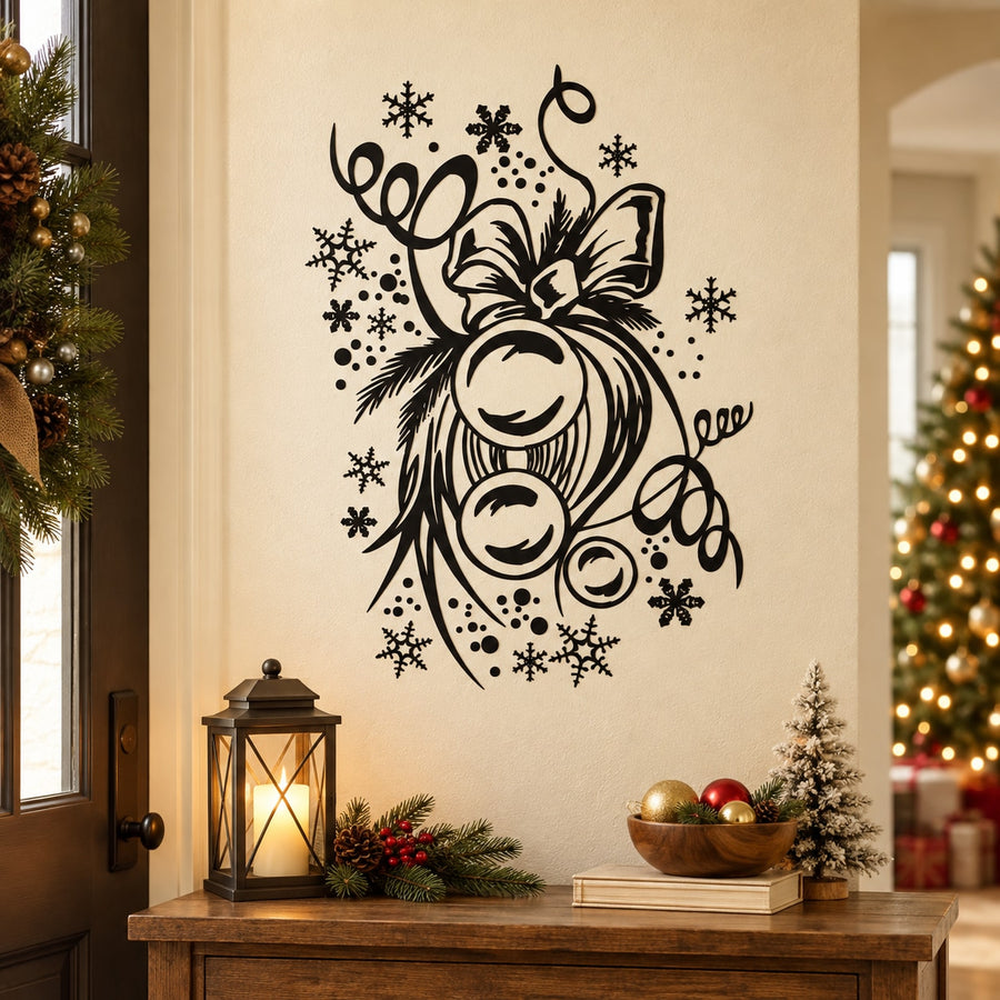 Christmas wall decal with bow, bell ornaments, and snowflakes