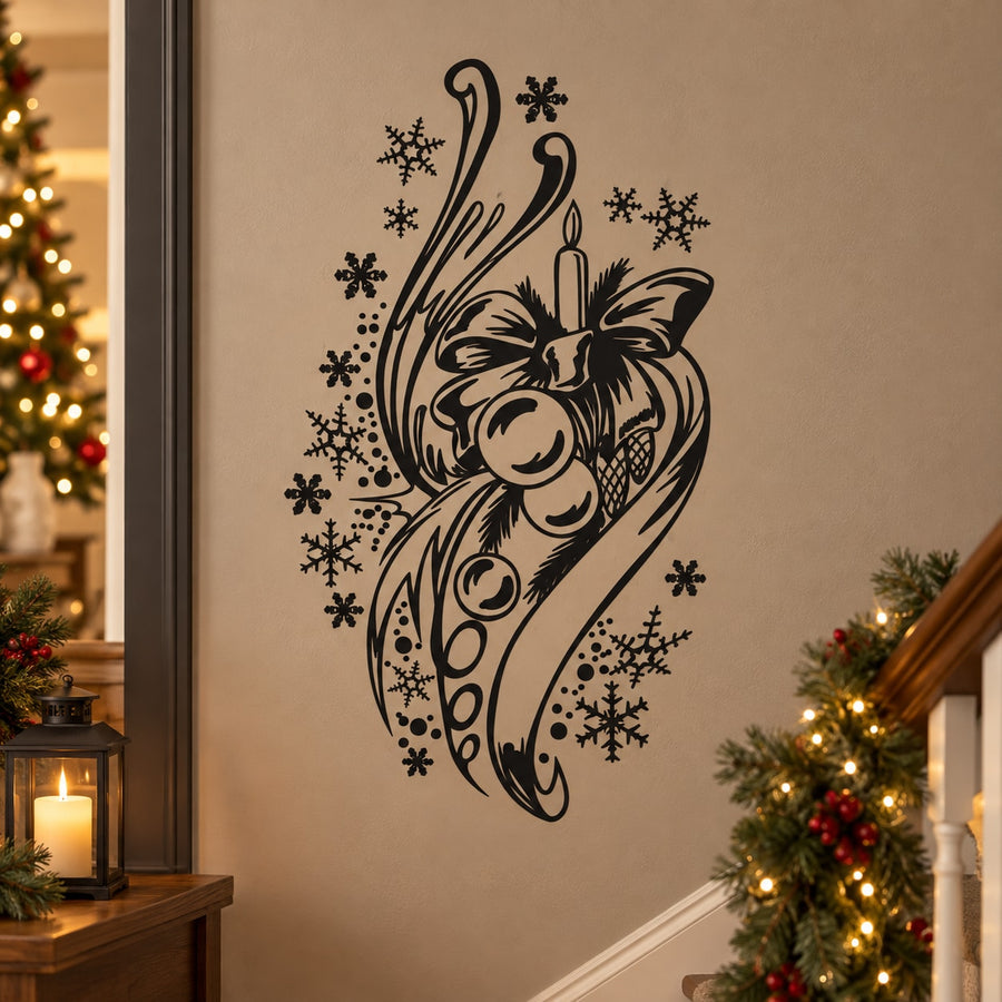 Christmas ribbon reindeer wall decal with snowflakes, black outlines
