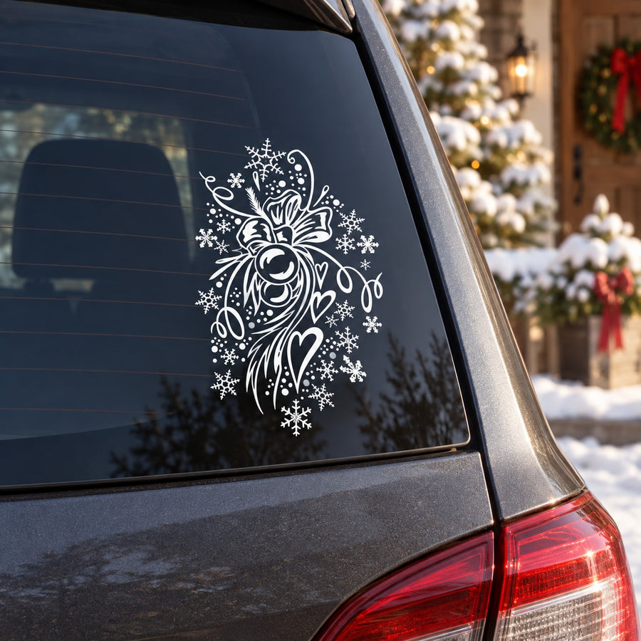 White decorative swirl decal with snowflake design on car window