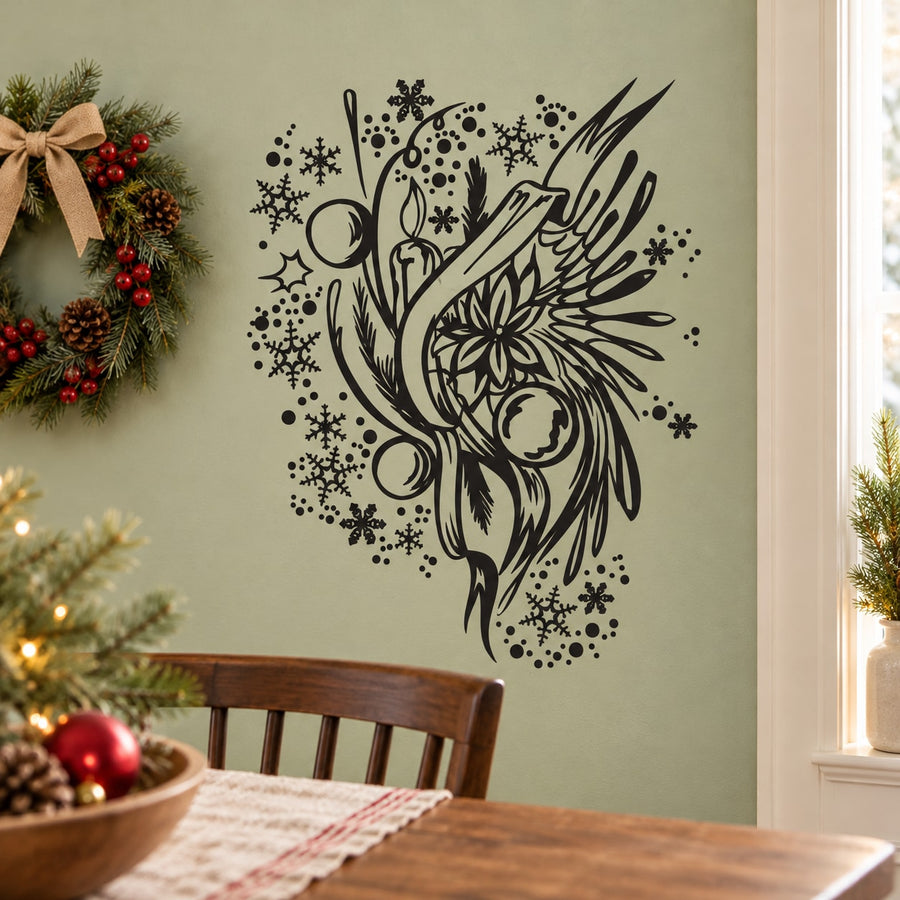 Christmas wall decal with dark floral bird, snowflakes, and swirl ornaments