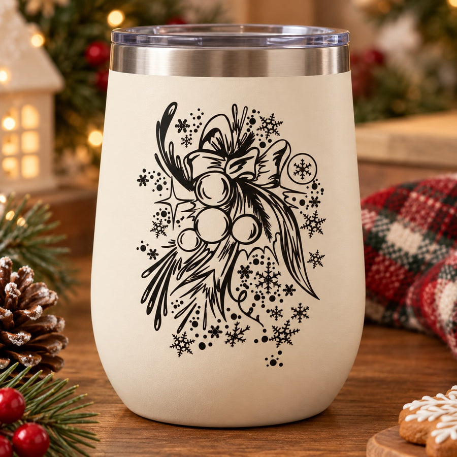 Christmas ornament decal on white tumbler with bow and snowflake graphics