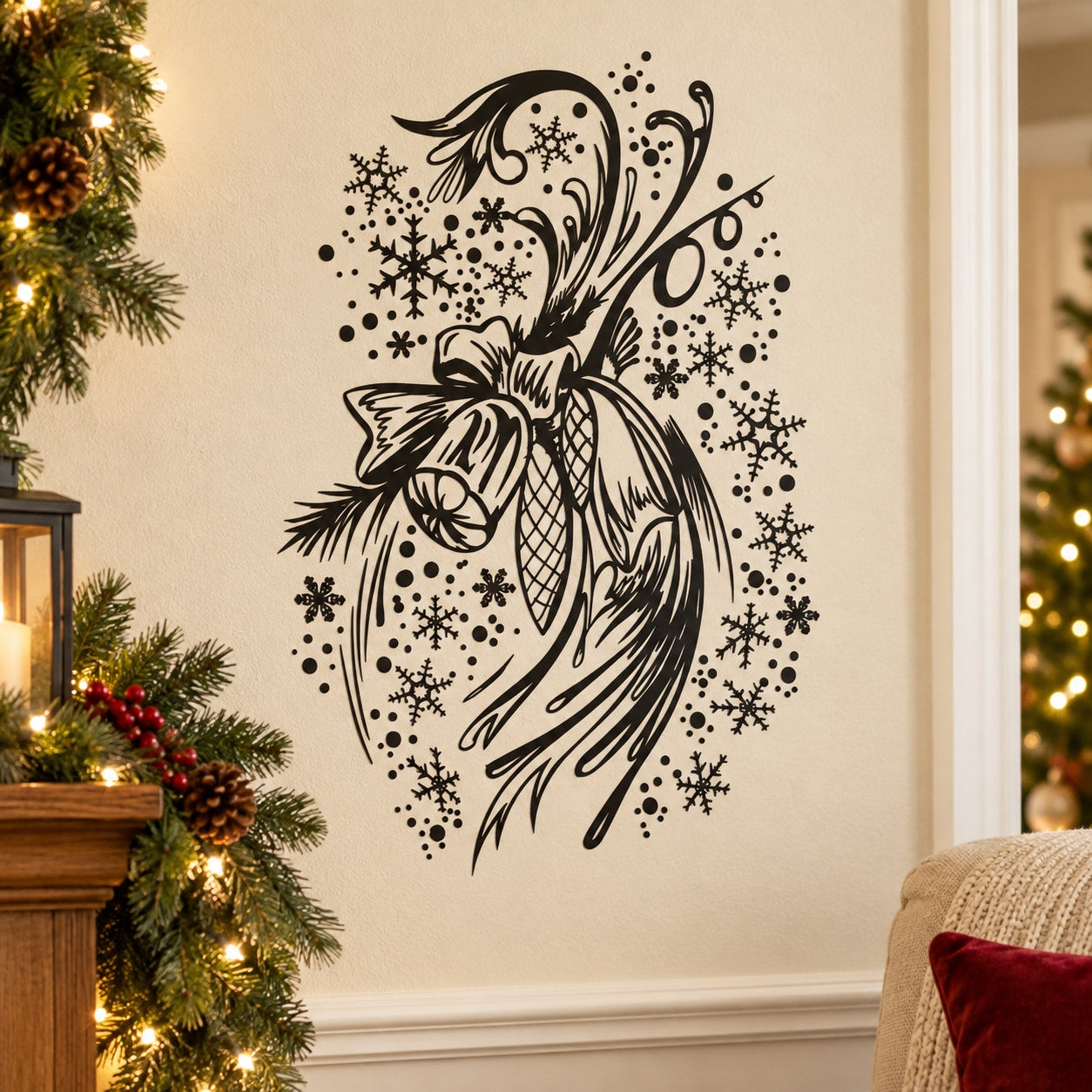 Black winter pines Christmas wall decal with pine leaves and snowflake design