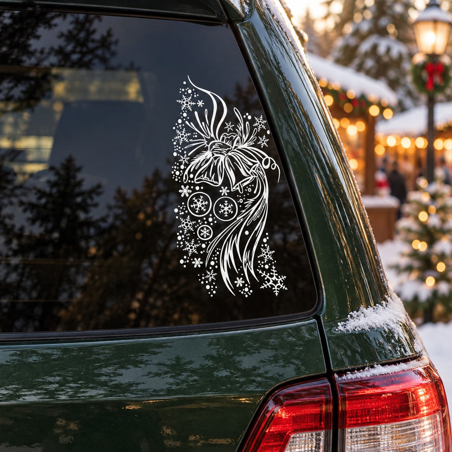 Christmas bell decal sticker for vehicle window, white glitter-style line art