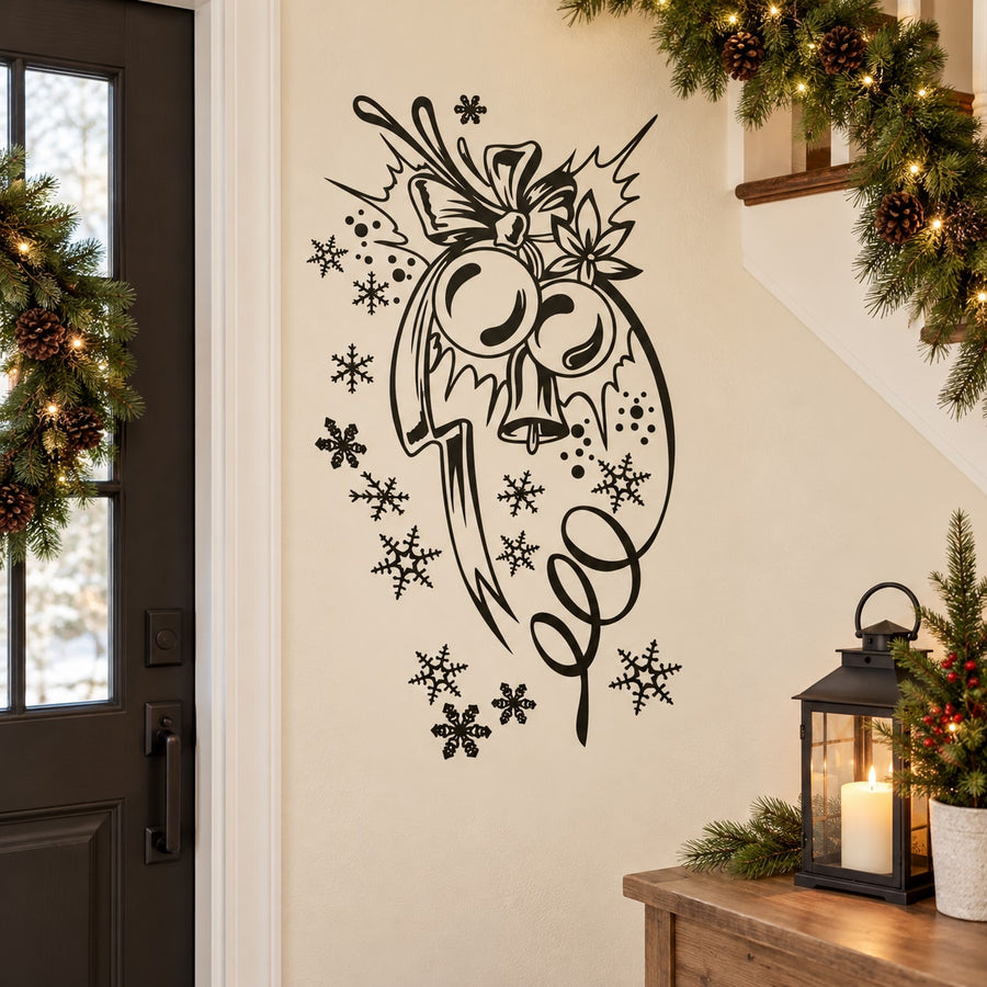 Christmas ornament wall decal with black angel, swirl ribbon, and snowflake line art