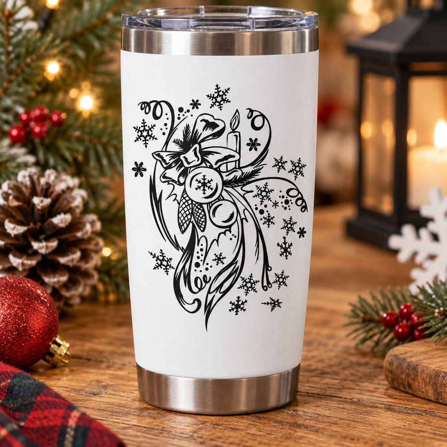 White stainless tumbler with black Christmas decal of angel and snowflakes