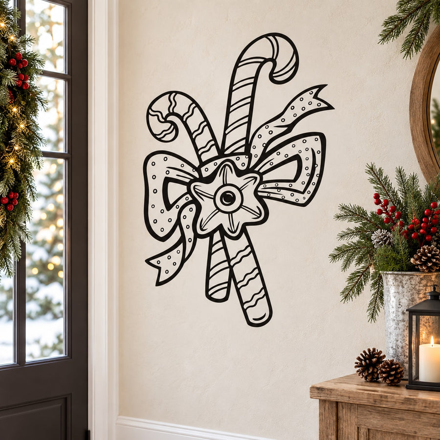 Candy cane window decal with star and bow, black outline design