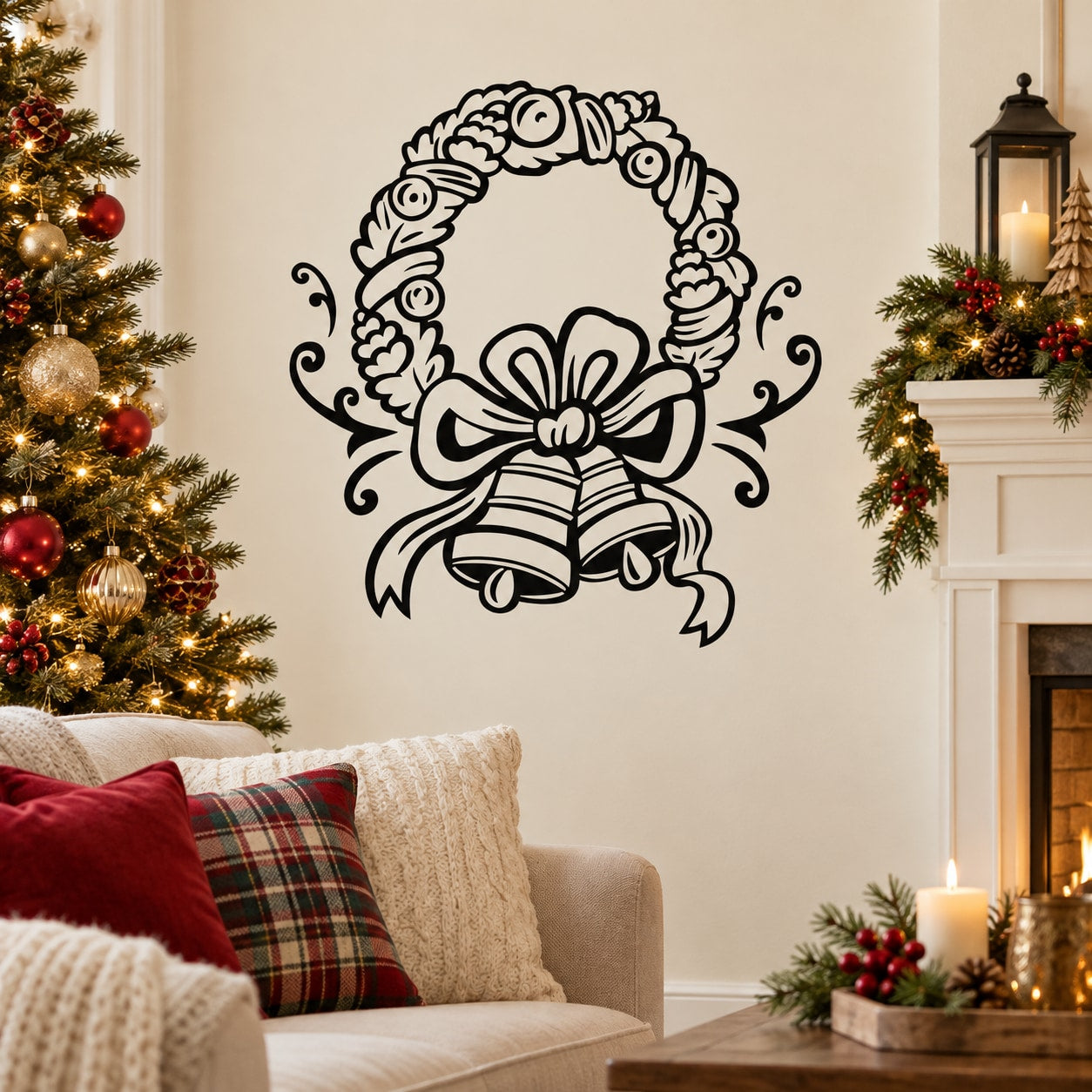 Black outline wreath wall decal with bells, bow, and ornate curled accents