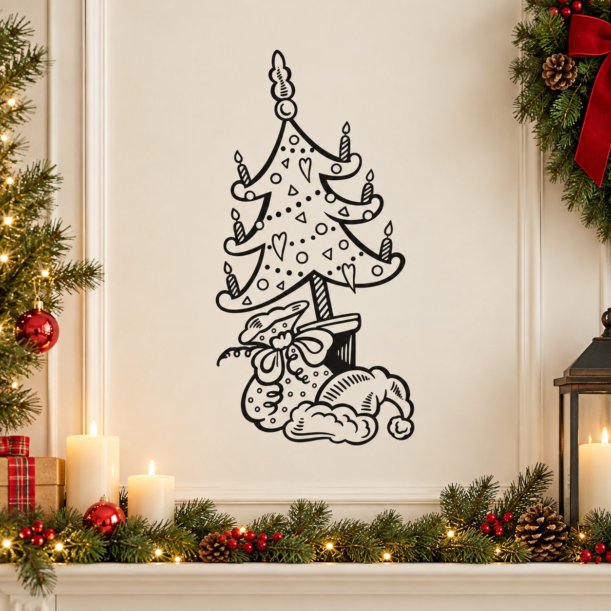 Christmas tree wall decal with Santa hat and sack, outlined line art