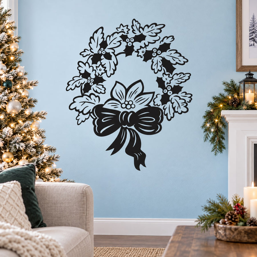 Wreath with Holly and Poinsettia Decal — illustrative vinyl decal application mockup. Surrounding objects are not included.