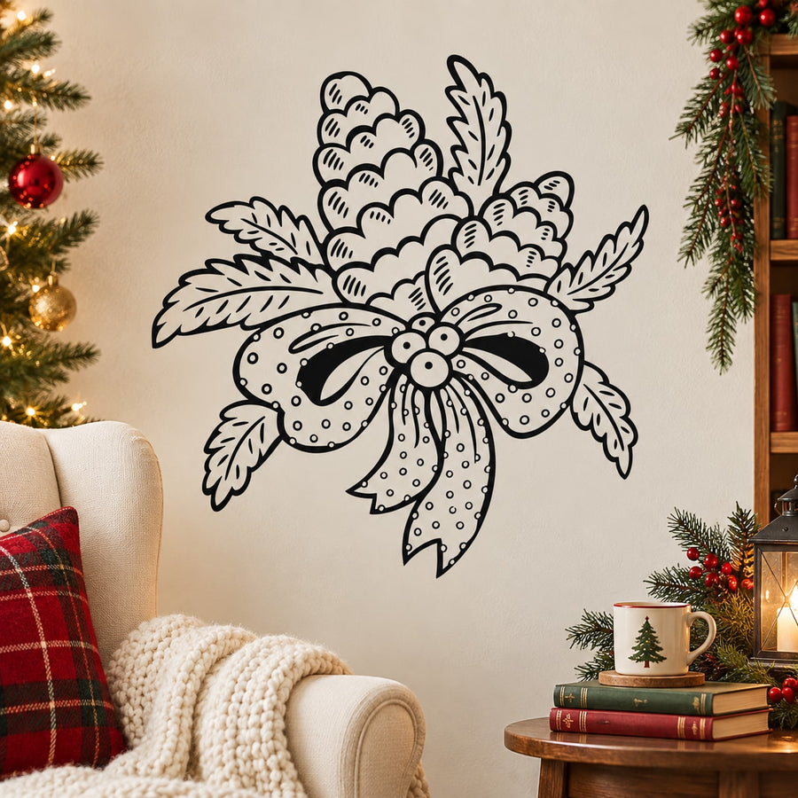 Christmas ribbon bow and pine branch wall decal in black outline