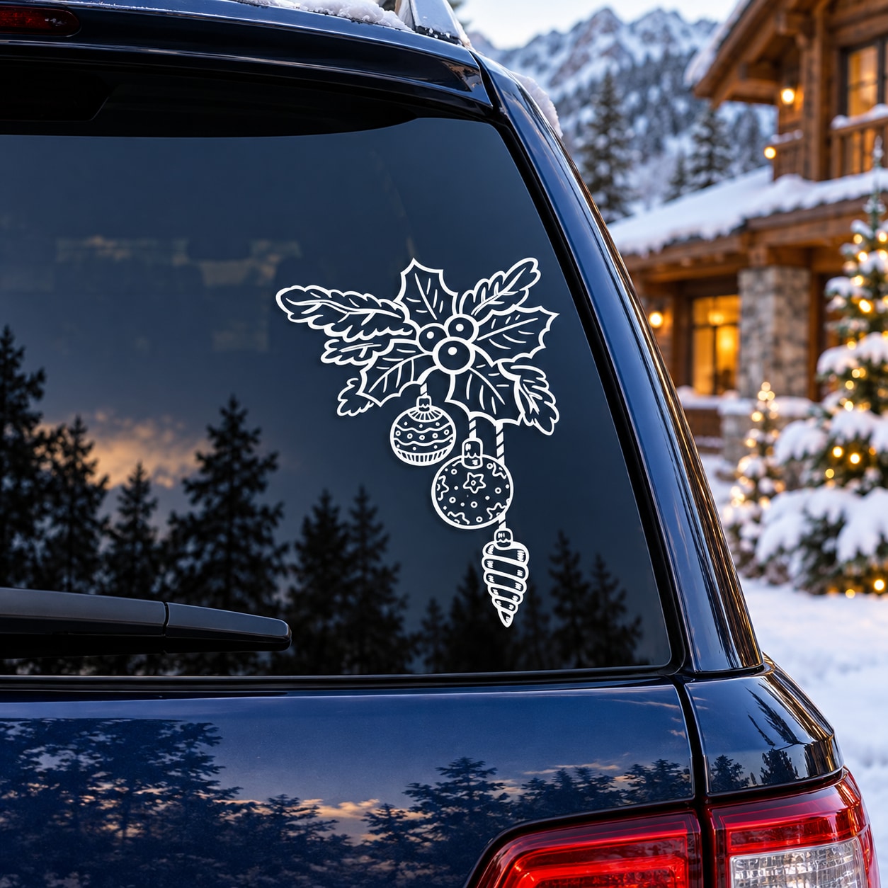 White holly and ornament decal for car window, hanging baubles outline