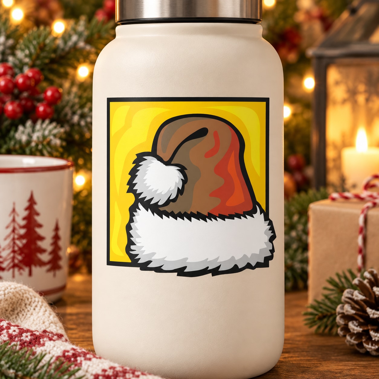 Santa hat sticker with white fur trim on a brown-red hat, outlined on a yellow background