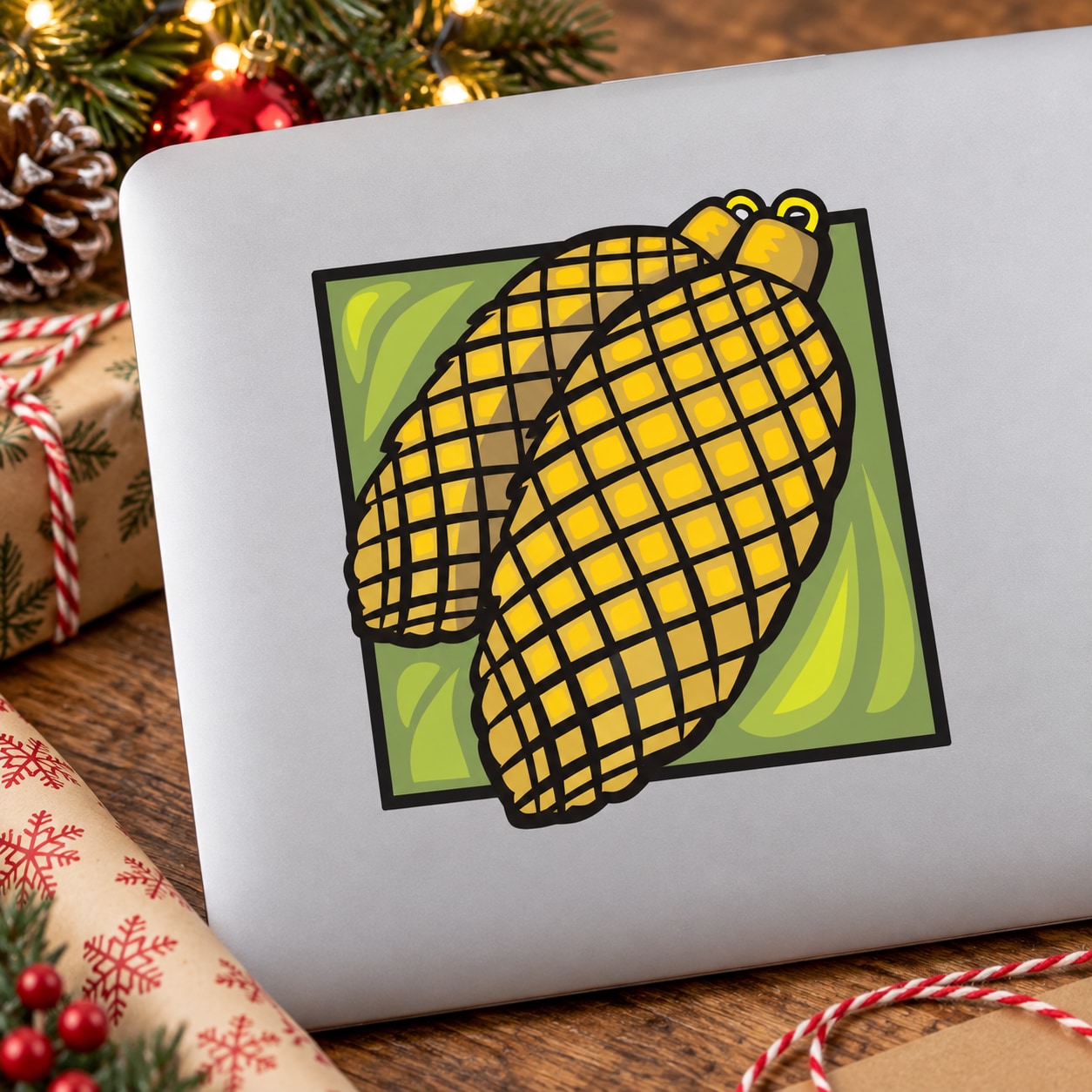 Colorful pinecone vinyl sticker with yellow grid pattern and black outline