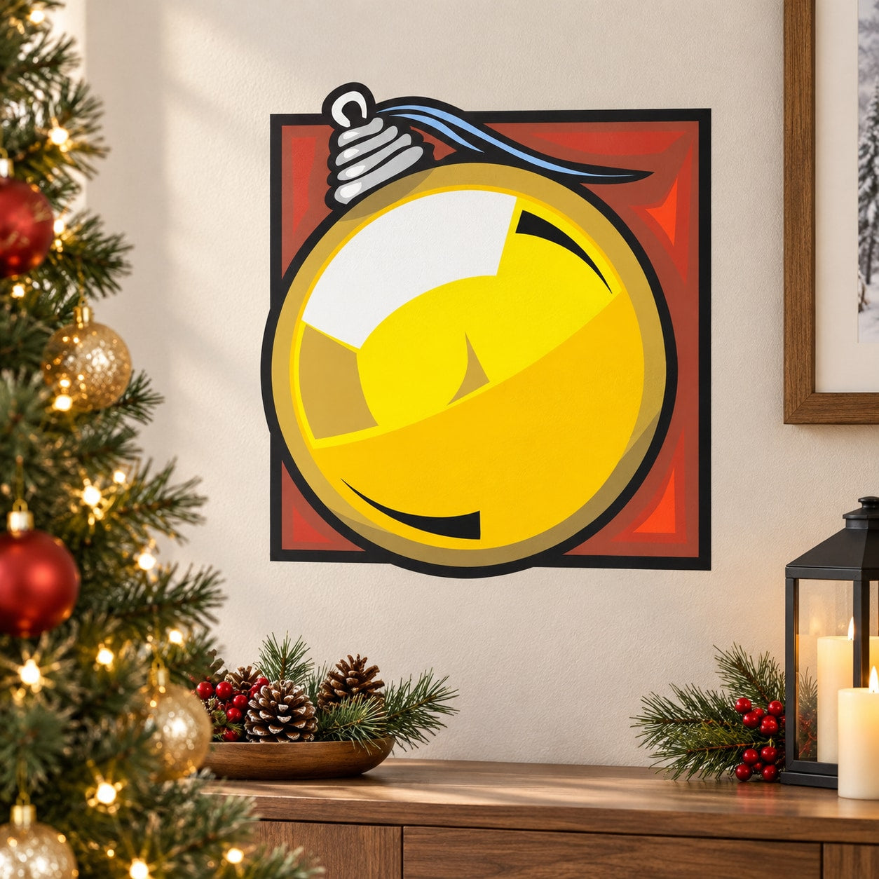 Square framed yellow ornament vinyl sticker with bow, bold black outline