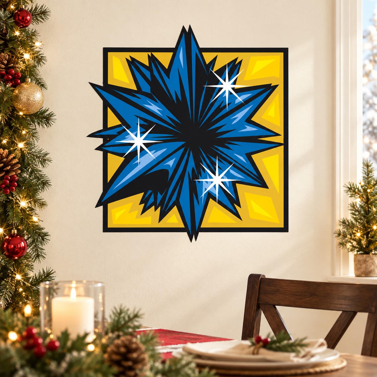 Blue spiky starburst Christmas ornament vinyl sticker with white sparkle accents