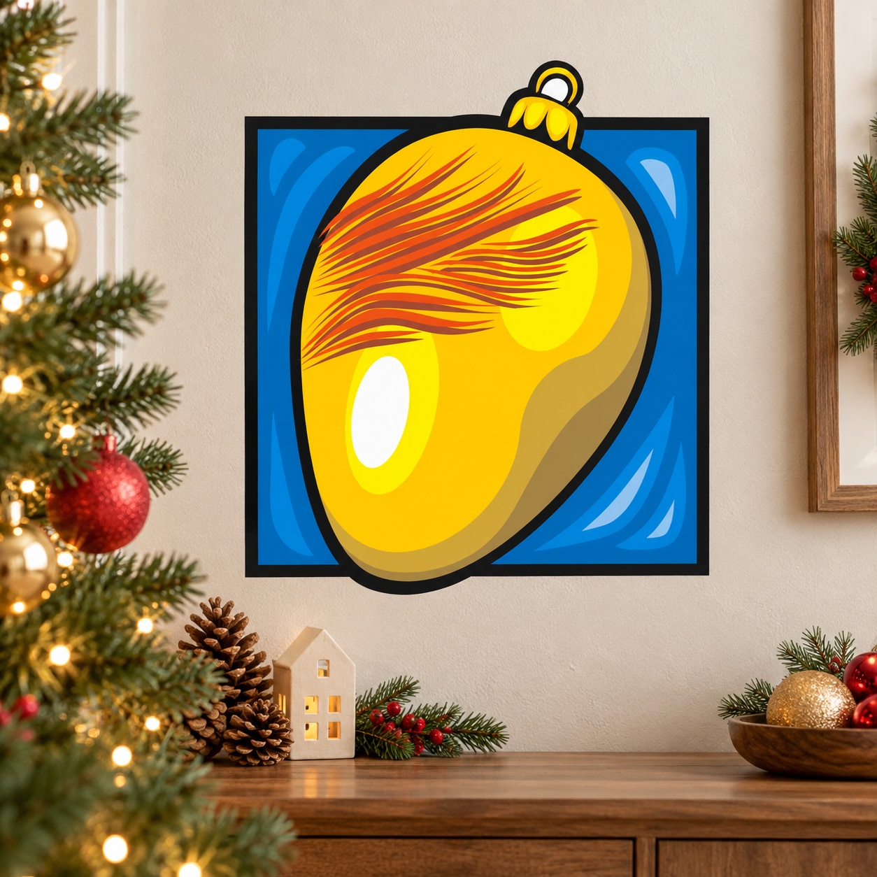 Christmas drop ornament vinyl sticker: yellow-gold bauble icon on blue square