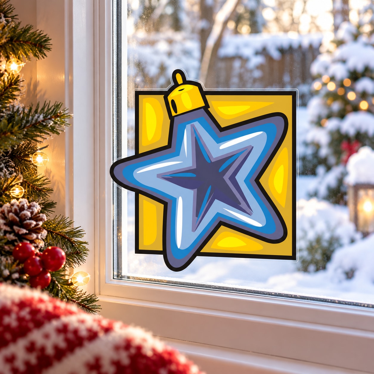 Colorful star bauble wall sticker with yellow and blue star design on square backing
