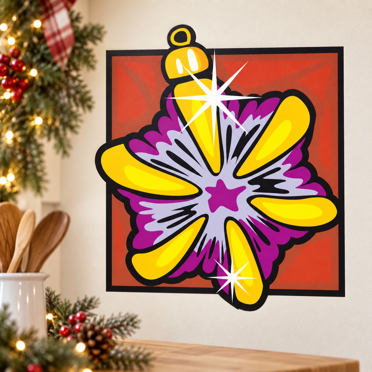 Rounded star-shaped vinyl wall sticker ornament, purple and yellow with black outline