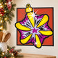 Rounded star-shaped vinyl wall sticker ornament, purple and yellow with black outline