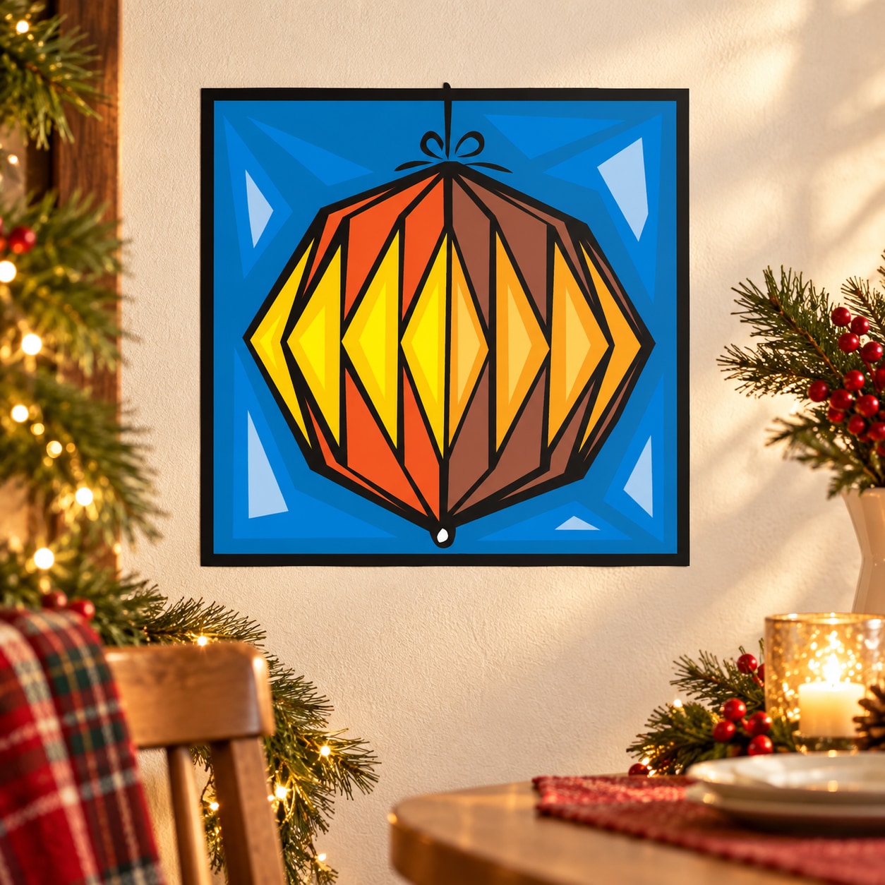 Blue abstract geometric ornament vinyl sticker with multicolor diamond design in a frame