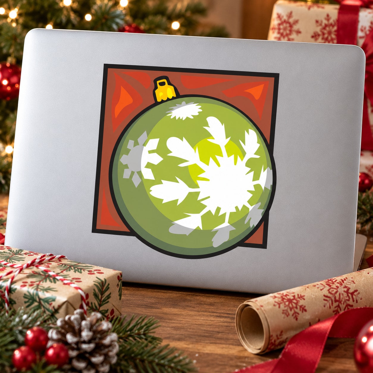 Round vinyl wall sticker with green circle and white snowflake in orange border