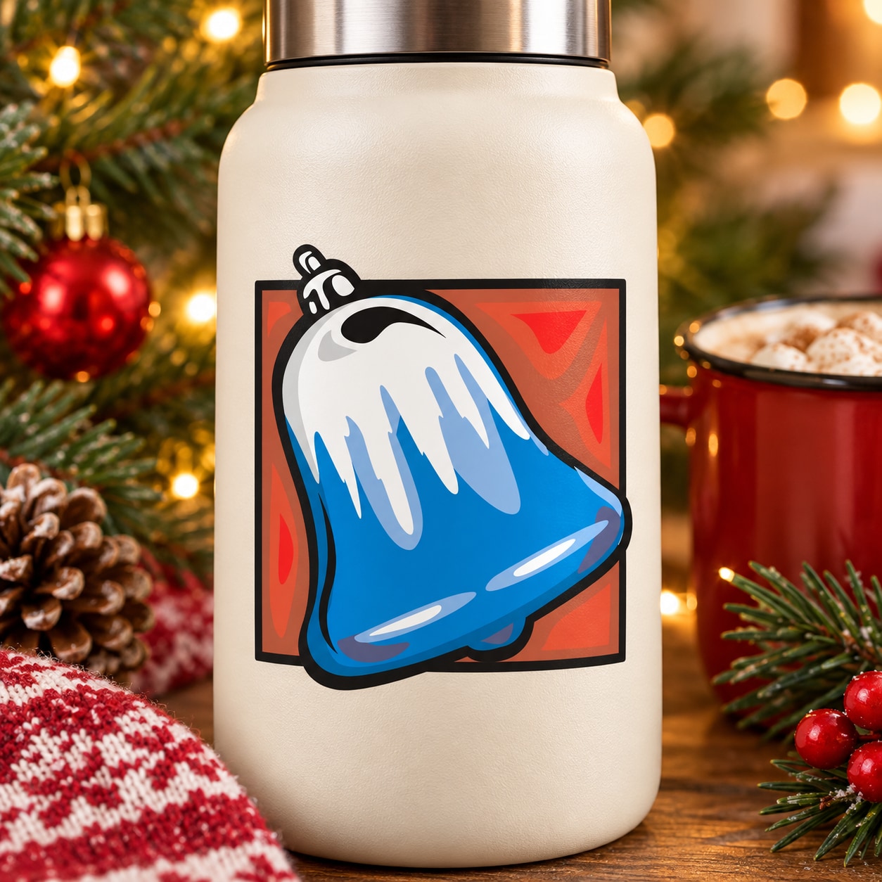 Square vinyl Christmas sticker with blue snow bell graphic