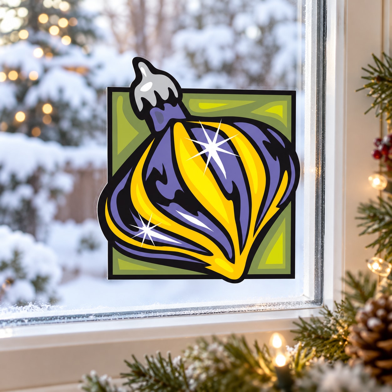 Colorful drop ornament vinyl sticker with stylized figure and sparkle stars