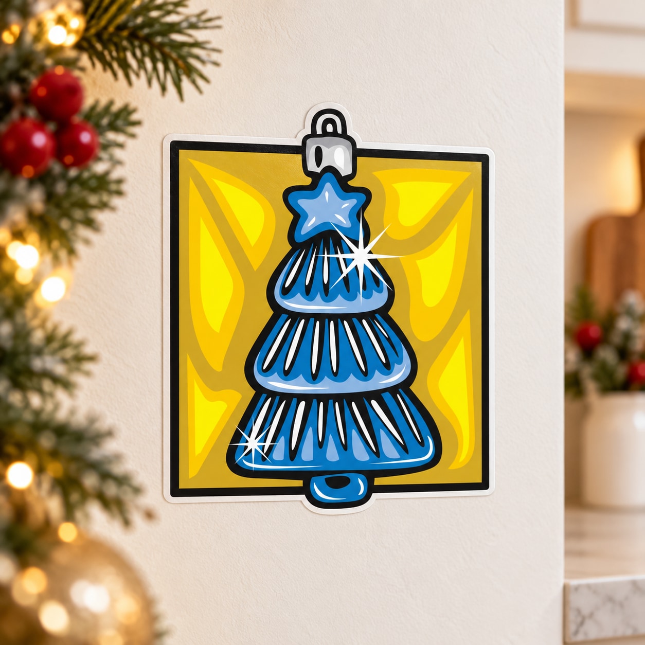 Christmas tree ornament vinyl sticker with blue cartoon tree and star, rounded shape
