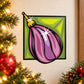 Purple pear-shaped ornament vinyl sticker with sparkles in green square frame