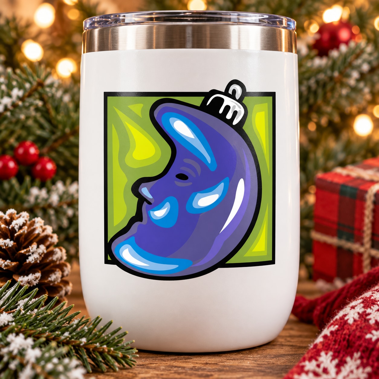 Vinyl sticker featuring blue abstract moon-face illustration on lime-green background.