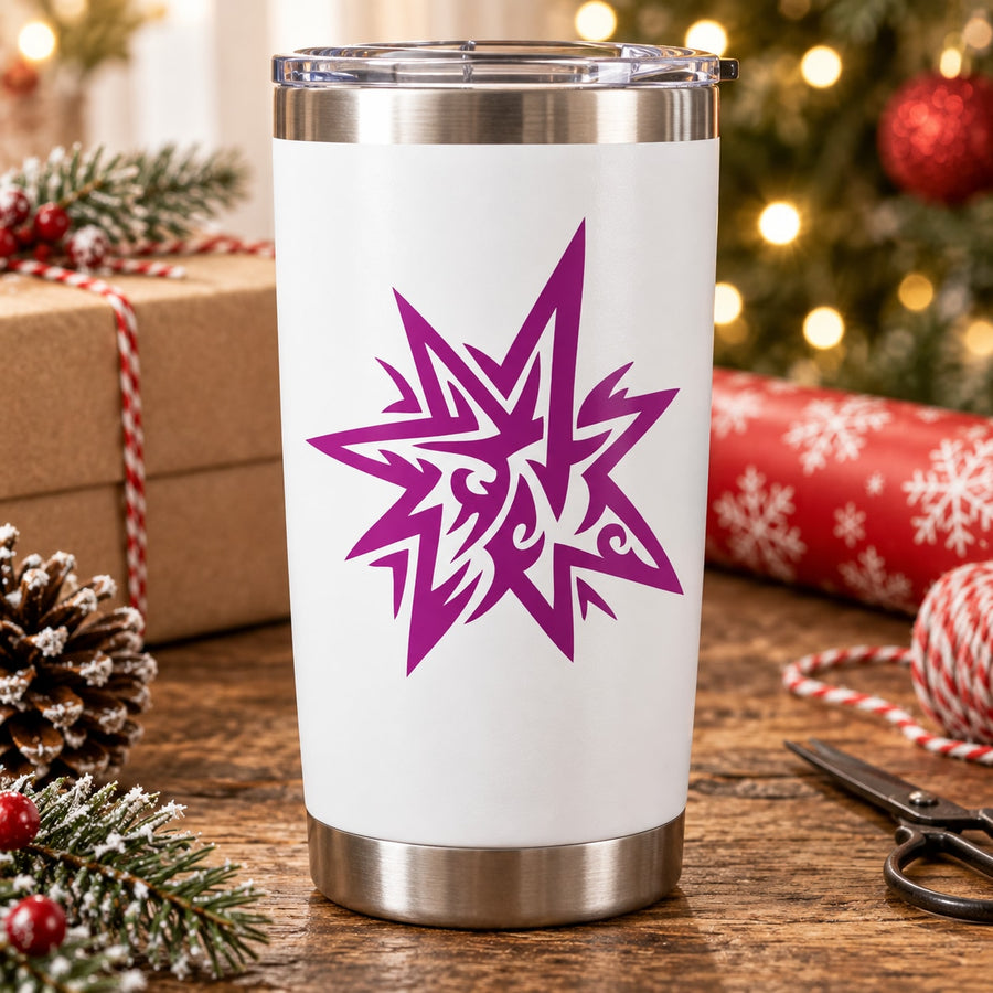 White tumbler with purple abstract spike star vinyl decal