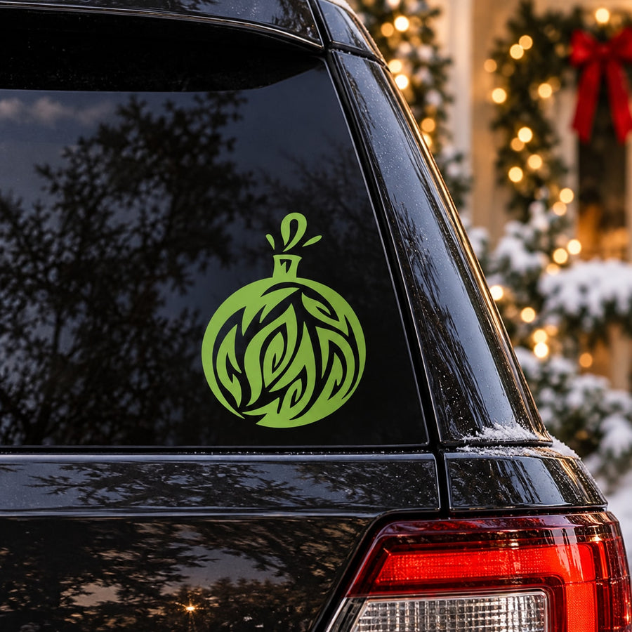 Green leaf bauble ornament vinyl decal on dark car window