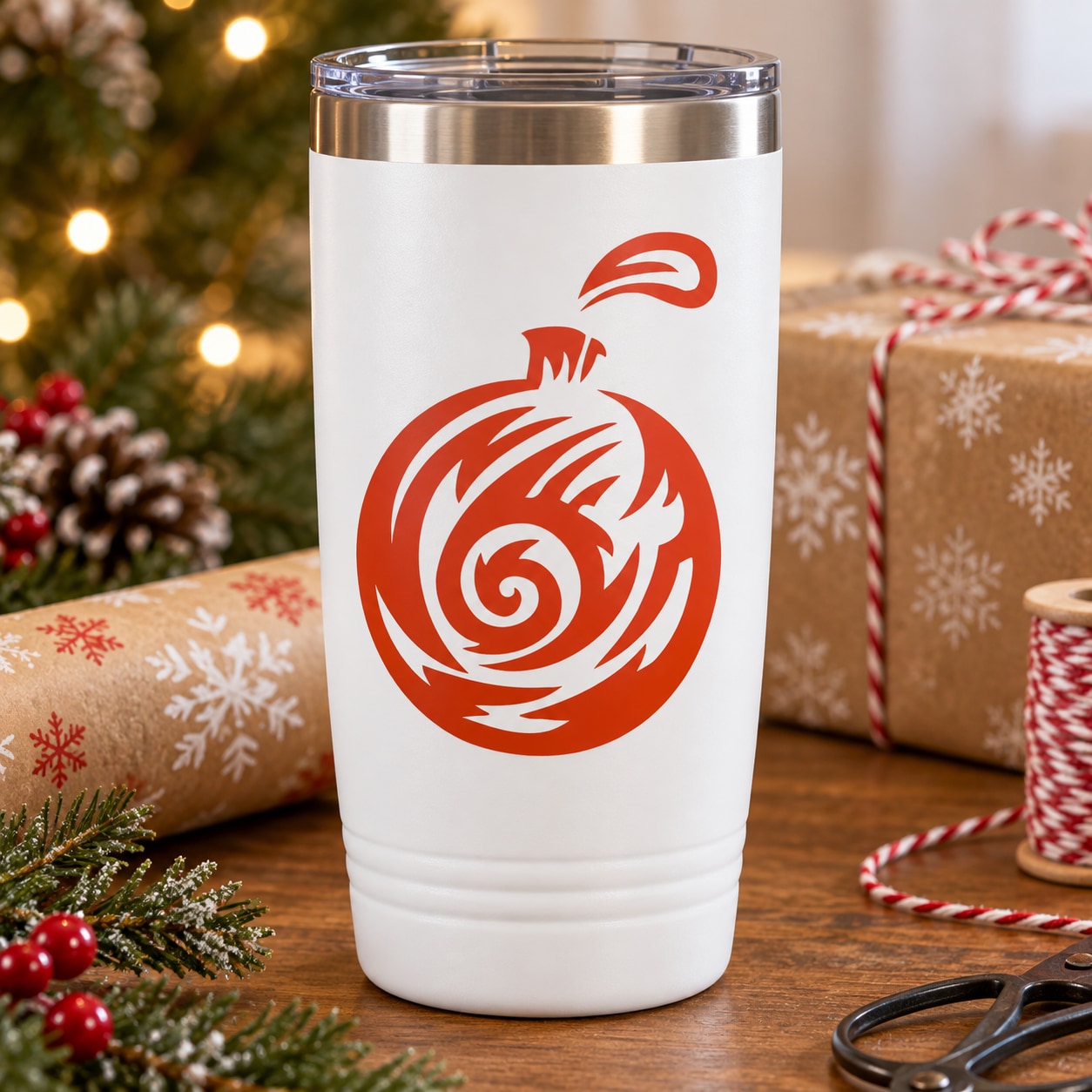 White tumbler with red swirl ornament vinyl decal