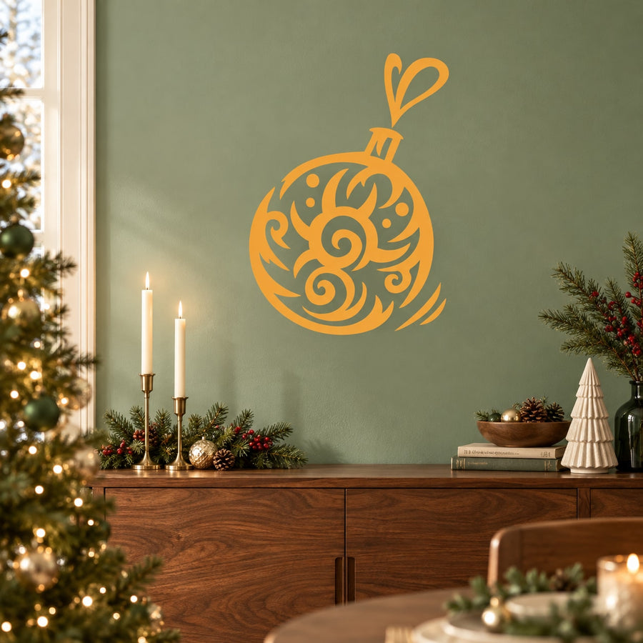 Gold abstract bauble wall decal with heart-shaped swirl ornament and ribbon loop