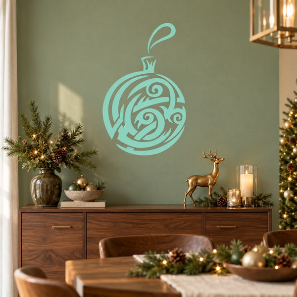 Round abstract Christmas vinyl wall decal ornament with swirl design, mint blue