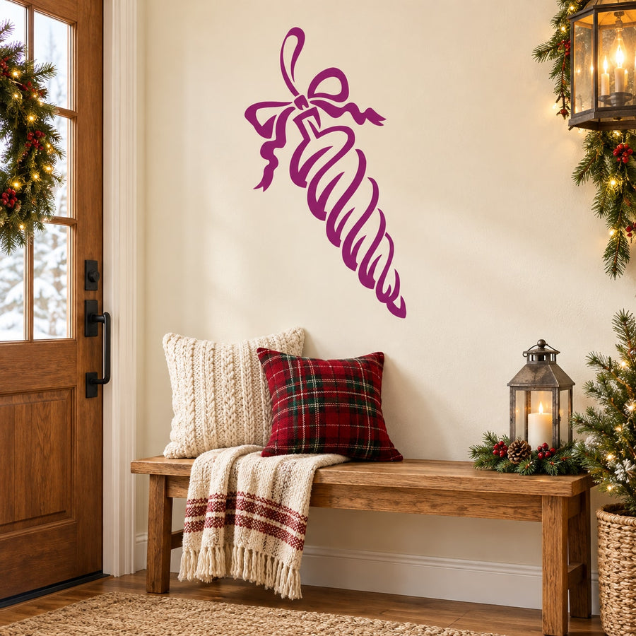 Purple carrot-shaped Christmas ornament vinyl wall decal with curled ribbon swirl