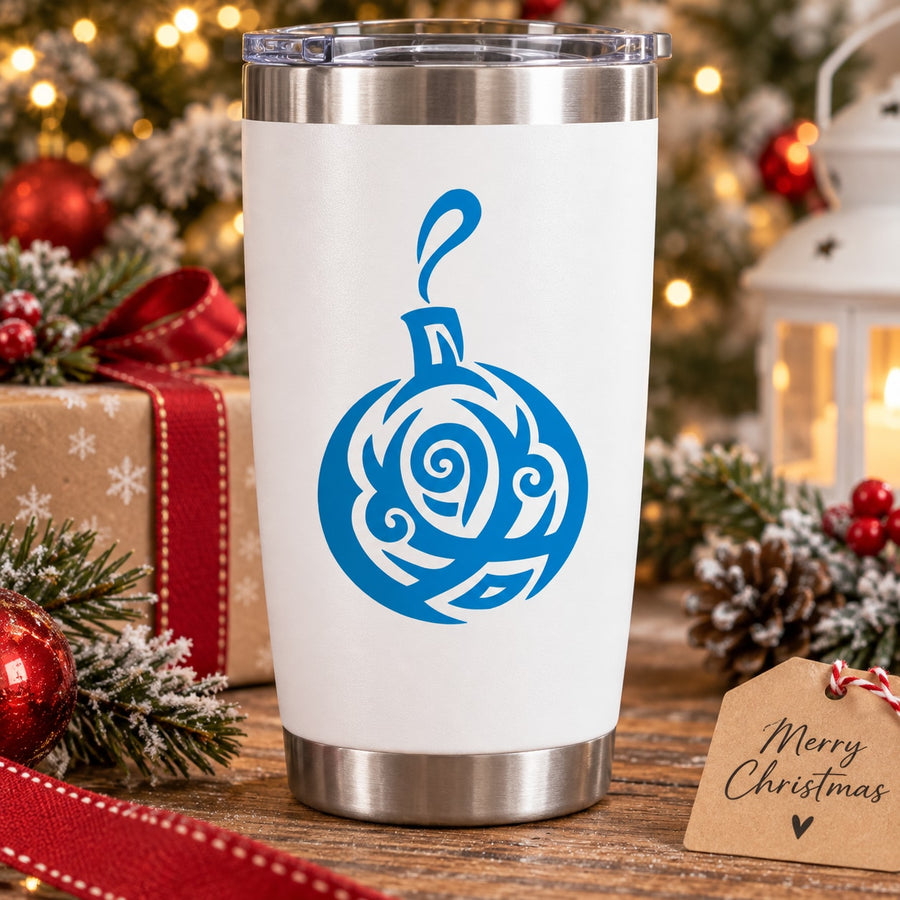 White tumbler with blue abstract Christmas bauble decal