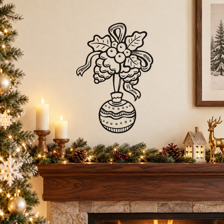Vinyl wall decal of pinecone mistletoe in pot, outline design