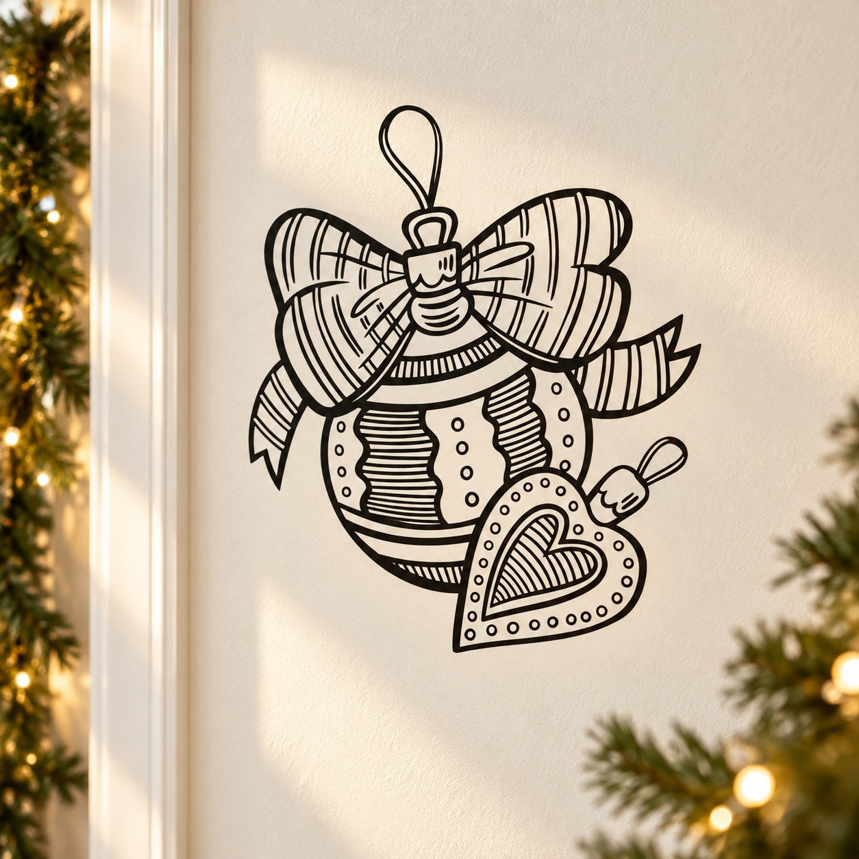 Christmas vinyl sticker with ribbon bow and heart ornament outline, black on light background
