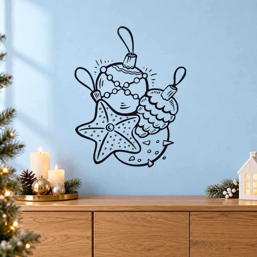 Festive ornament vinyl wall decals: three blue outline hanging decorations